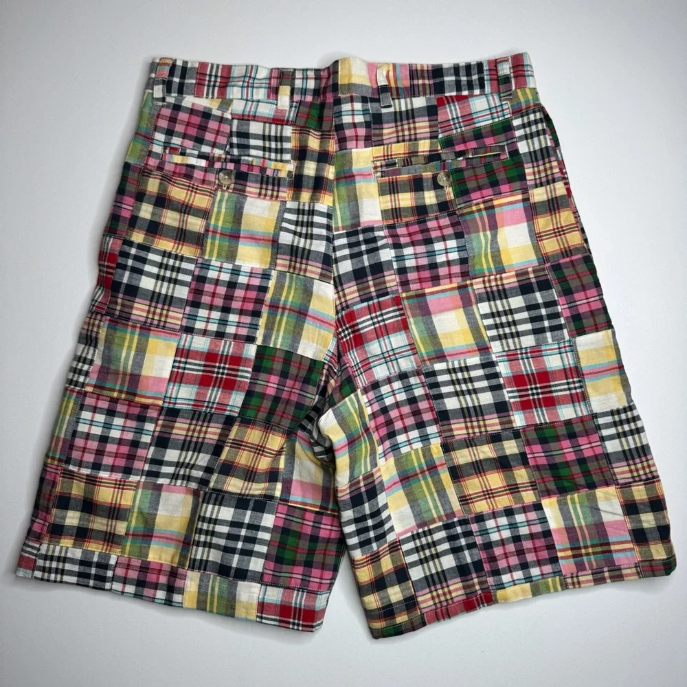 Alexander Julian Southern Style Patchwork Madras Plaid Shorts Preppy Flat Front